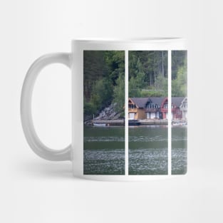 Wonderful landscapes in Norway. Vestland. Beautiful scenery of coloured houses facing the spectacular Sognefjord. Rainy day Mug